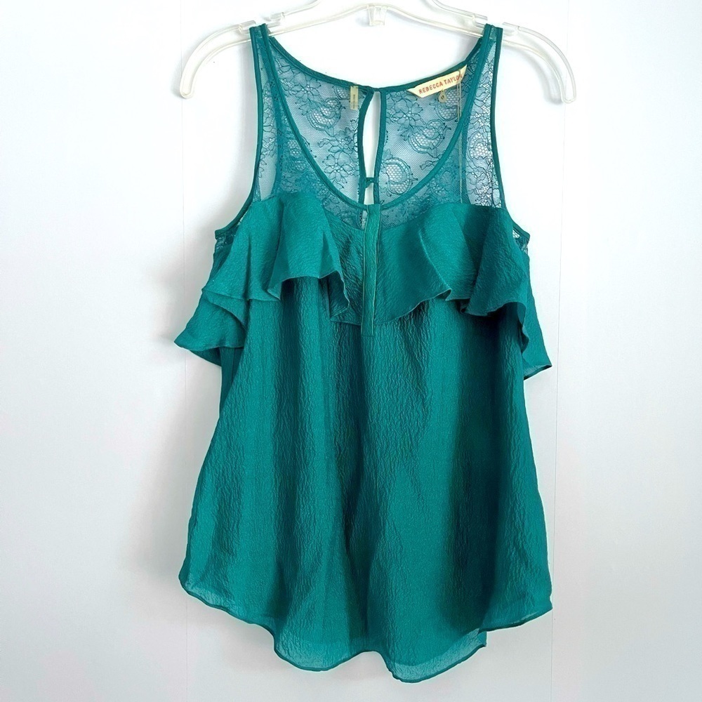 NEW Rebecca Taylor Teal Silk Lace Ruffled Flounce Sleeveless Top US 0